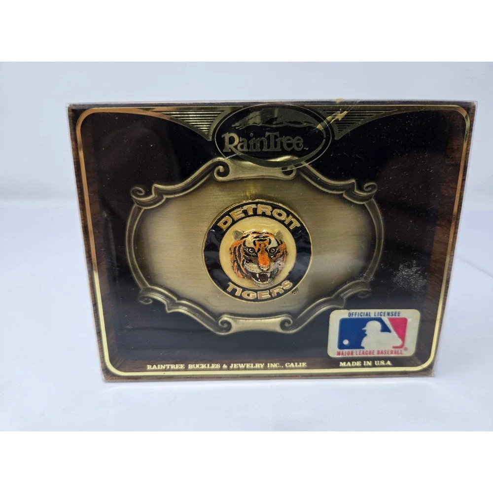 Vintage Detroit Tigers Belt Buckle RainTree MLB Brass Enamel Deadstock 1980s